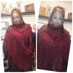 Burgundy Fur & Sweater Poncho